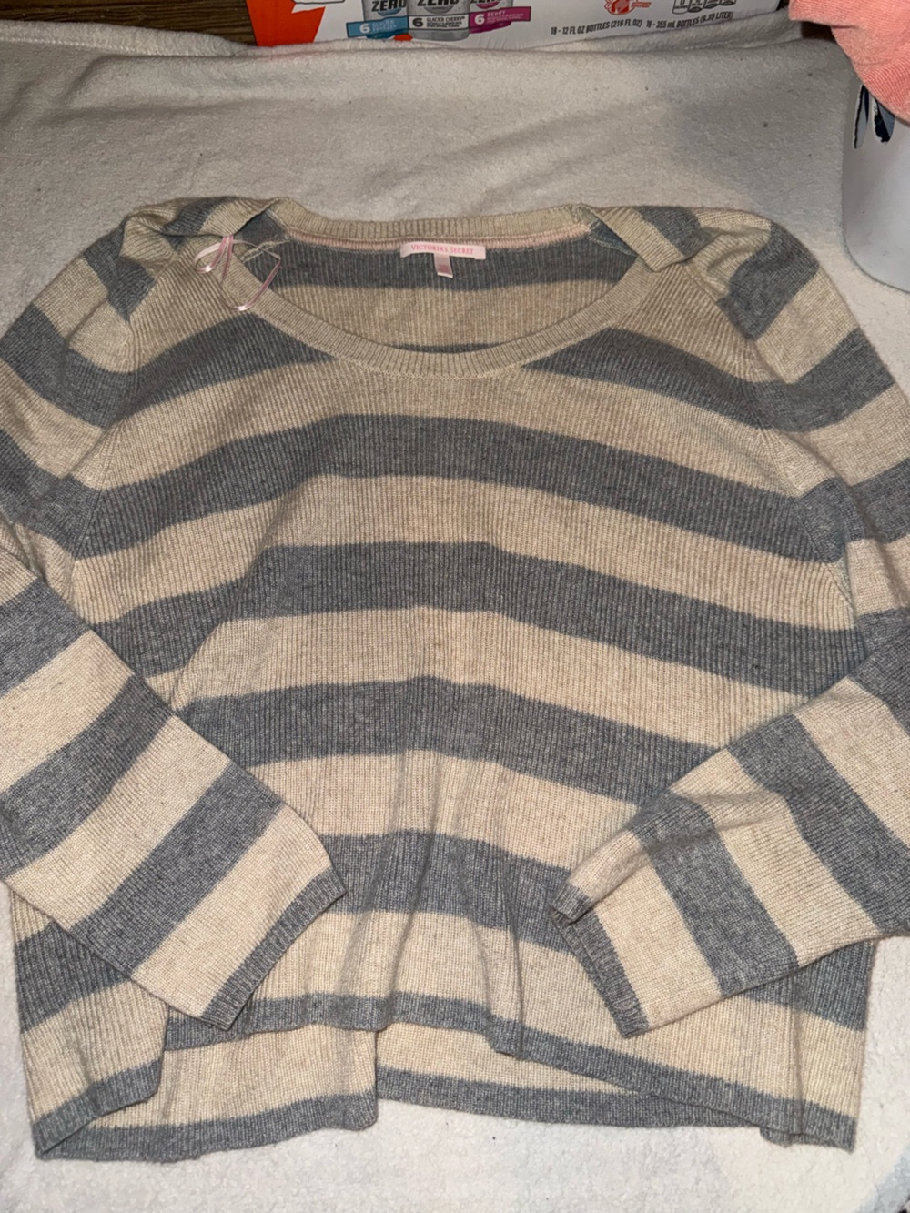Victoria's Secret Grey & Beige Striped The Swing Crewneck Knit Sweater - Size XL